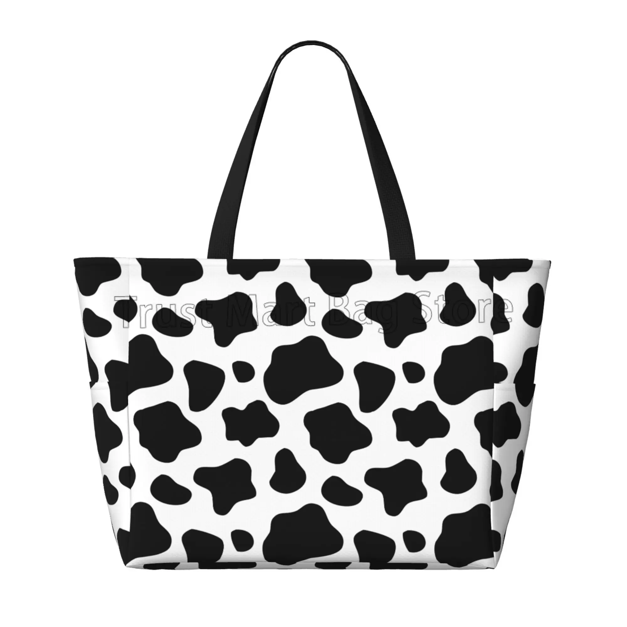 Cow Print Large Waterproof Beach Bag for Women Sandproof Tote Bag Pool Bag with Zipper and Pockets for Travel Vacation Gym