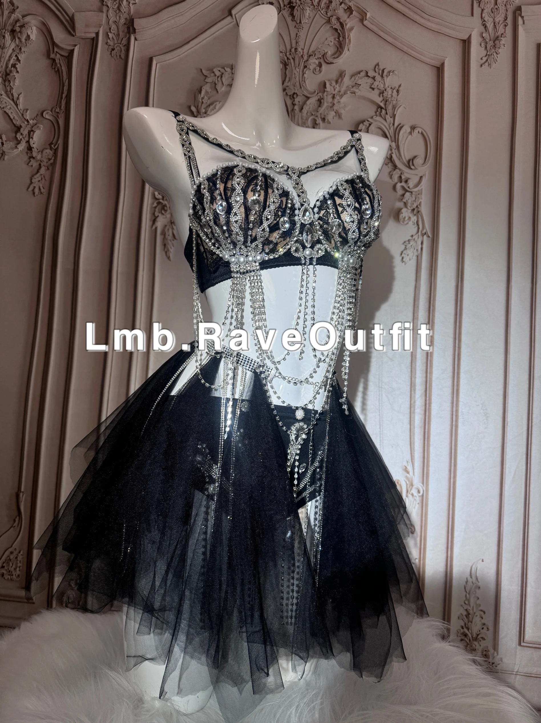 Kostium z dżetów, łańcuszków, bikini, tiulowej spódniczki, seksowny strój do baru, klubu nocnego, na pole dance, błyszczący strój sceniczny dla DJ-a, tancerki, na występy.