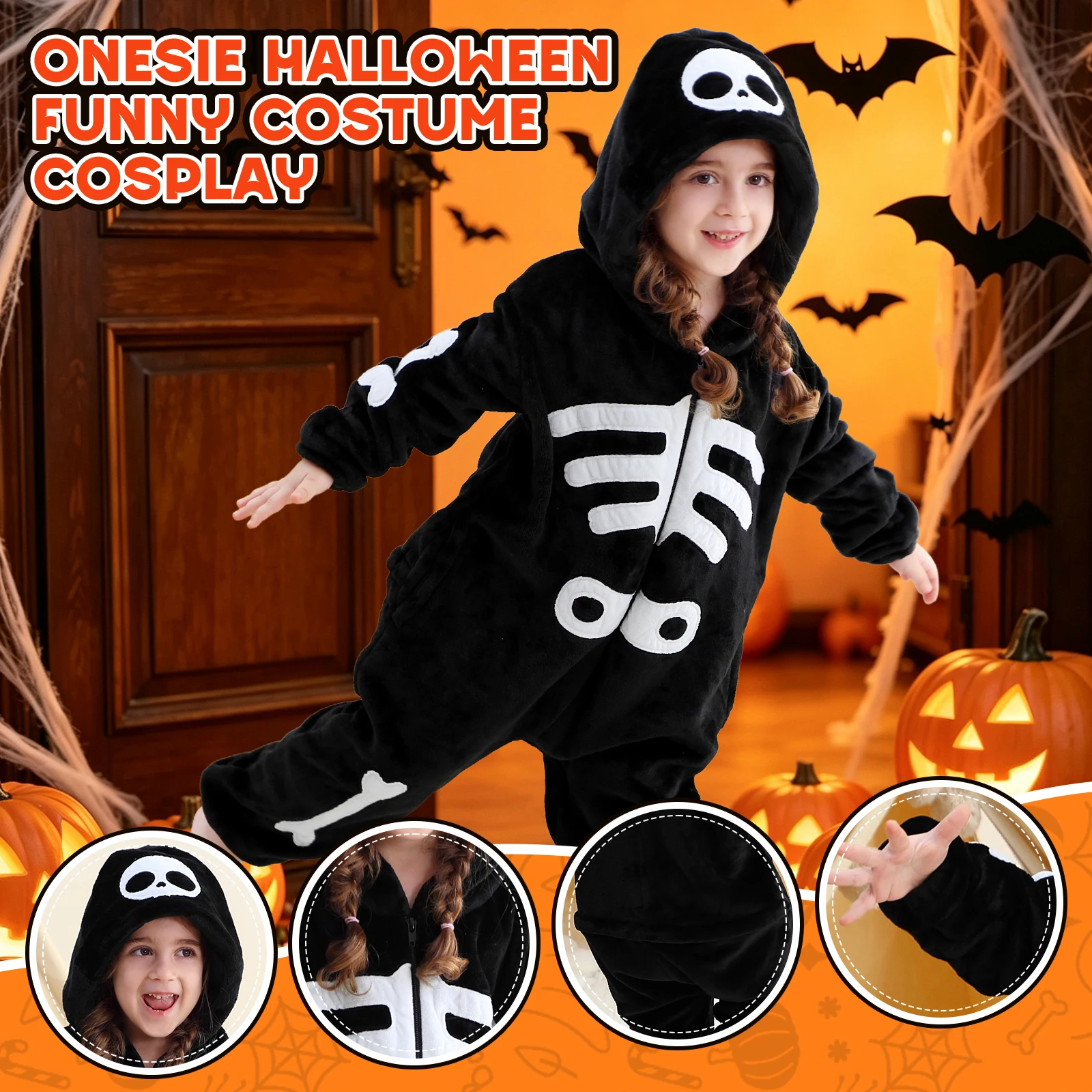 MICHLEY Skeleton Kids Halloween Costume Jumpsuit Flannel Blanket Sleepers 3-12T Onesie Hooded Pajamas Clothes For Boys Girls