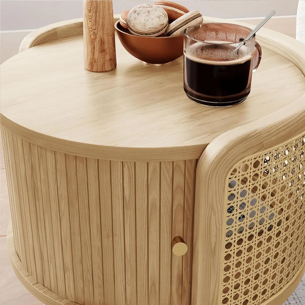 Massivholz-Beistelltisch mit Rolltür und geflochtenem Rattan, 19,69 Zoll runder Couchtisch mit Stauraum, Beistelltisch für die Wohnung zu Hause