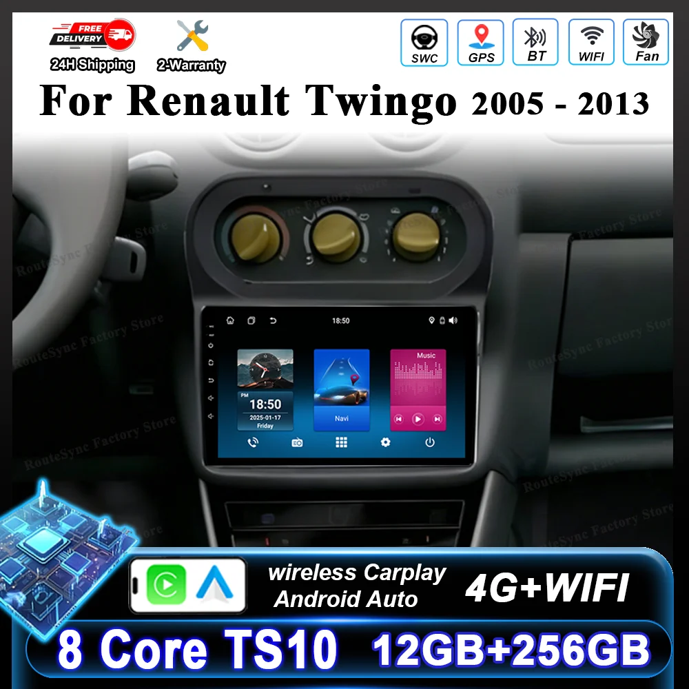 Navegação GPS Android 16 para Renault Twingo 2005-2013, Reprodutor de Vídeo Multimídia Automotivo, Carplay, Unidade Principal de Rádio Estéreo, DVD Automotivo, WIFI