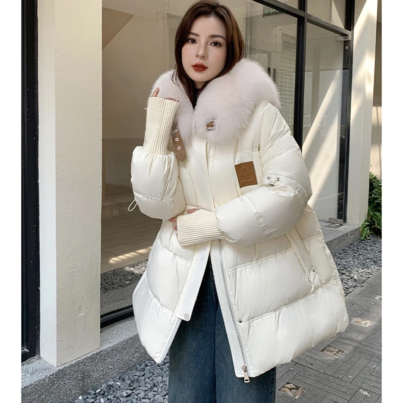 2024 New Winter white duck Down Detachable Fur Jacket fur parka Mid-Length Luxury Winter Warm Outerwear