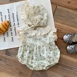 2026 Summer Infant Girls Romper Cotton Floral Printed Lace Babys Girl Jumpsuits Fly Sleeve Peter Pan Collar Newborn Girl Onesies