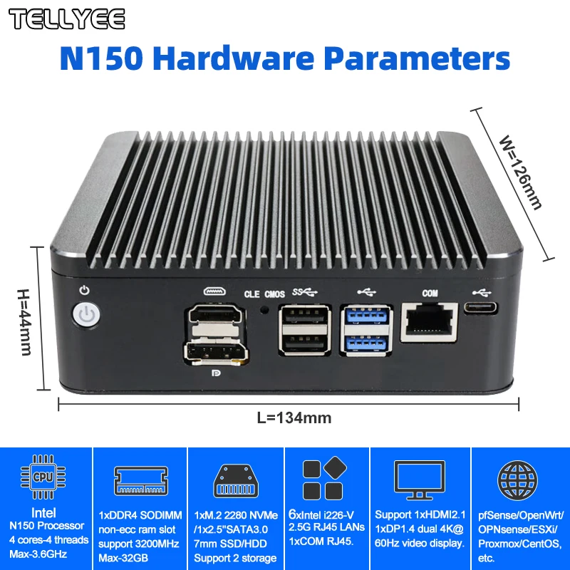 Intel N150 Soft Router 6 Lans i226-V 2.5G Fanless Mini PC COM HD DP USB Type-C pfSense Firewall Appliance OPNsense ESXi Computer