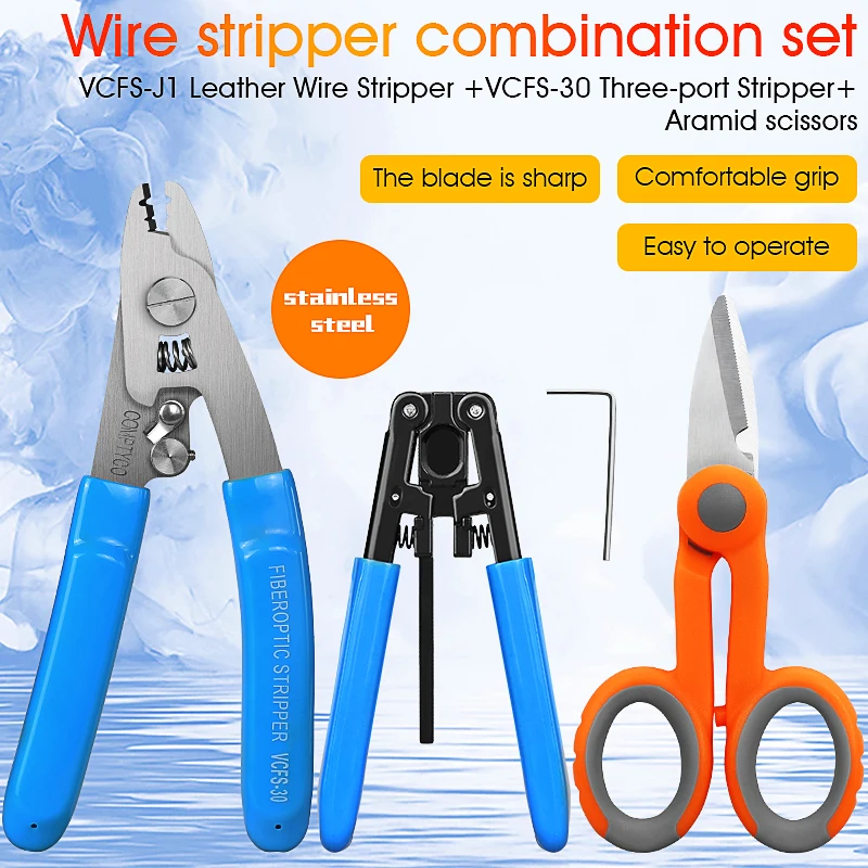 

Fiber Optic Tool Kit VCFS-20/30 Two/Three-Port Stainless steel Fiber Optical Stripper and Aramid Scissors and Wire Stripper