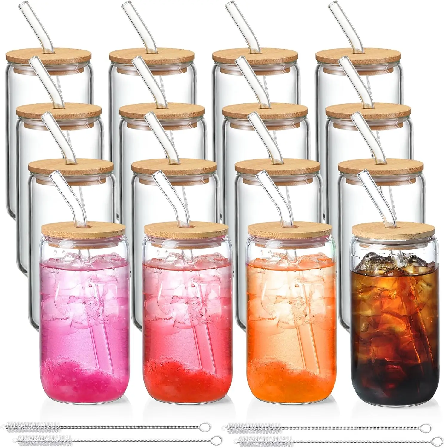 

16 Pack Glass Cups with Lids and Straws, Customizable for Gifts, Coffee, Tea Drinks