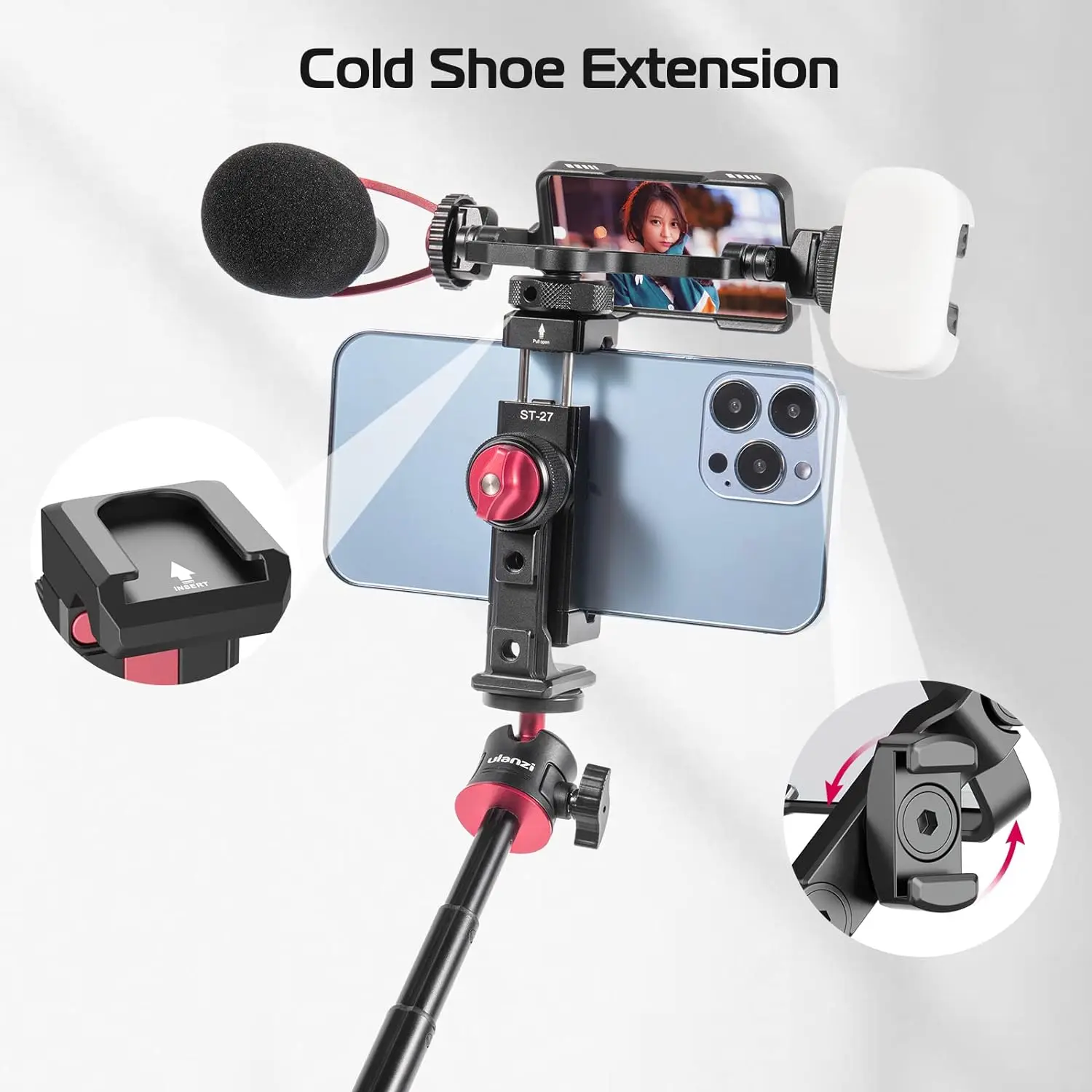 Ulanzi ST-27 clipe universal de metal para celular com parafuso 1/4 espelho flip de montagem fria para suporte selfie tripé braçadeira de montagem