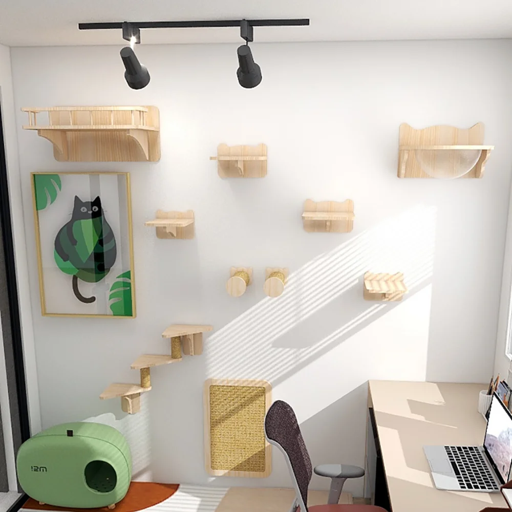 Cat Climbing Wall Furniture Stair Shelf Wall Mounted Hammock Scratching Post Reversible Stairway Shelves With Sisal Rope Ladder