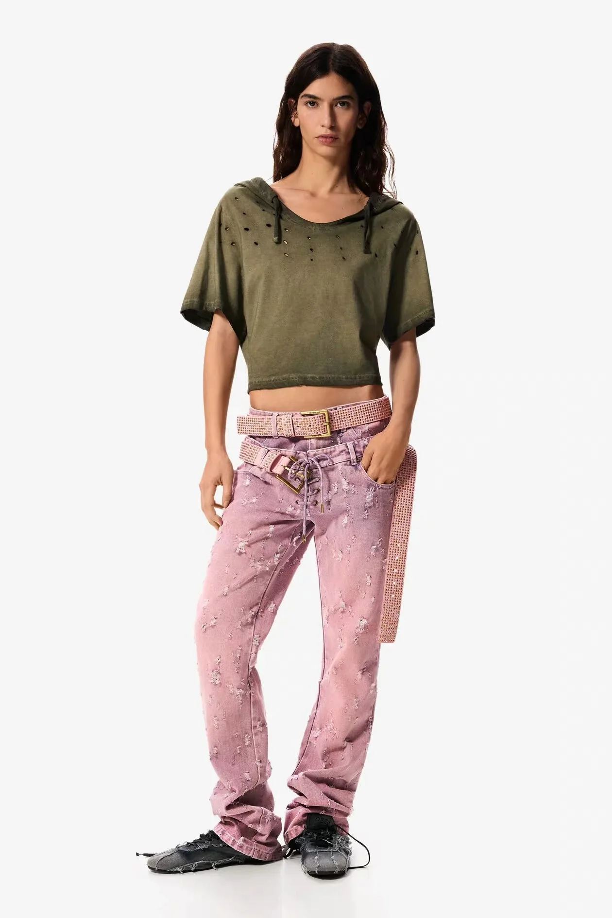 Foreign Trade Spain Original Denim Sand Washed Hole Design Elastic Casual Loose Pants Designer Style Fashion