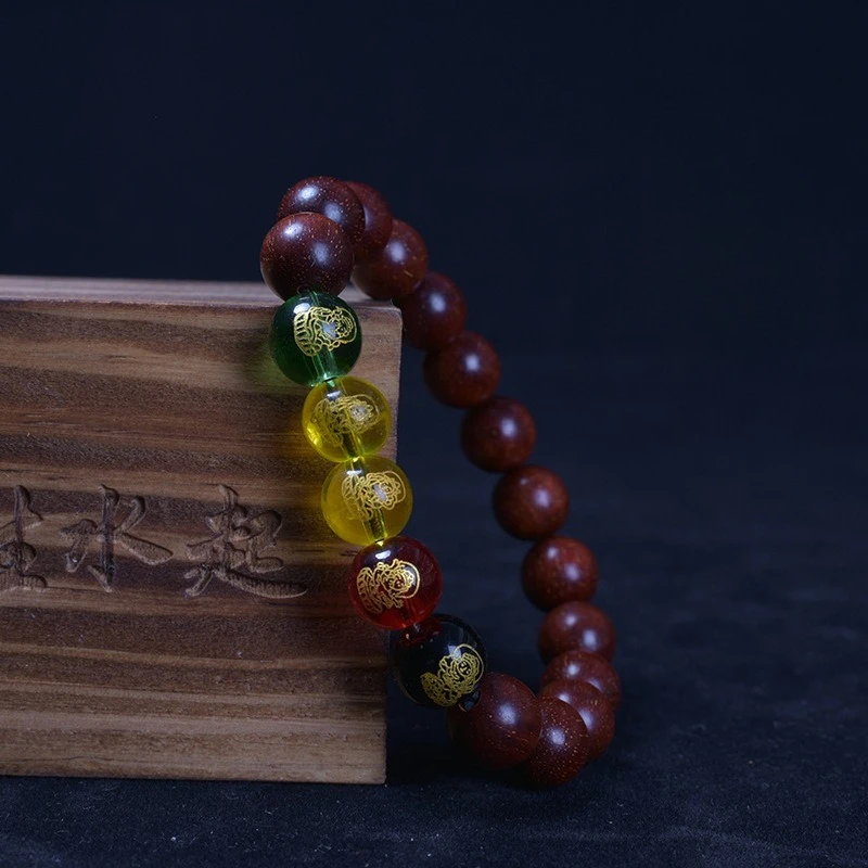 Indian Red Sandalwood Women's Five Paths God of Wealth Rotating Prayer Beads Men's Zodiac Year Amulet Bracelet Jewelry