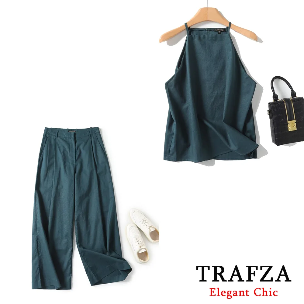 TRAFZA Fashion Linen Blend Autumn Green Solid Women Pant Set Cami Tops+Zipper Pocket Pants French Luxury Minimalist Office Set