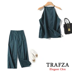 TRAFZA Fashion Linen Blend Autumn Green Solid Women Pant Set Cami Tops+Zipper Pocket Pants French Luxury Minimalist Office Set