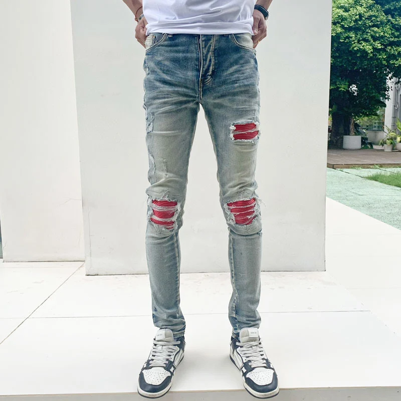 

Y2K High Street Fashion New Men's Jeans Washed Nostalgic Perforated Red Patched Light Blue Jeans Hip Hop Brand Pants Hombre