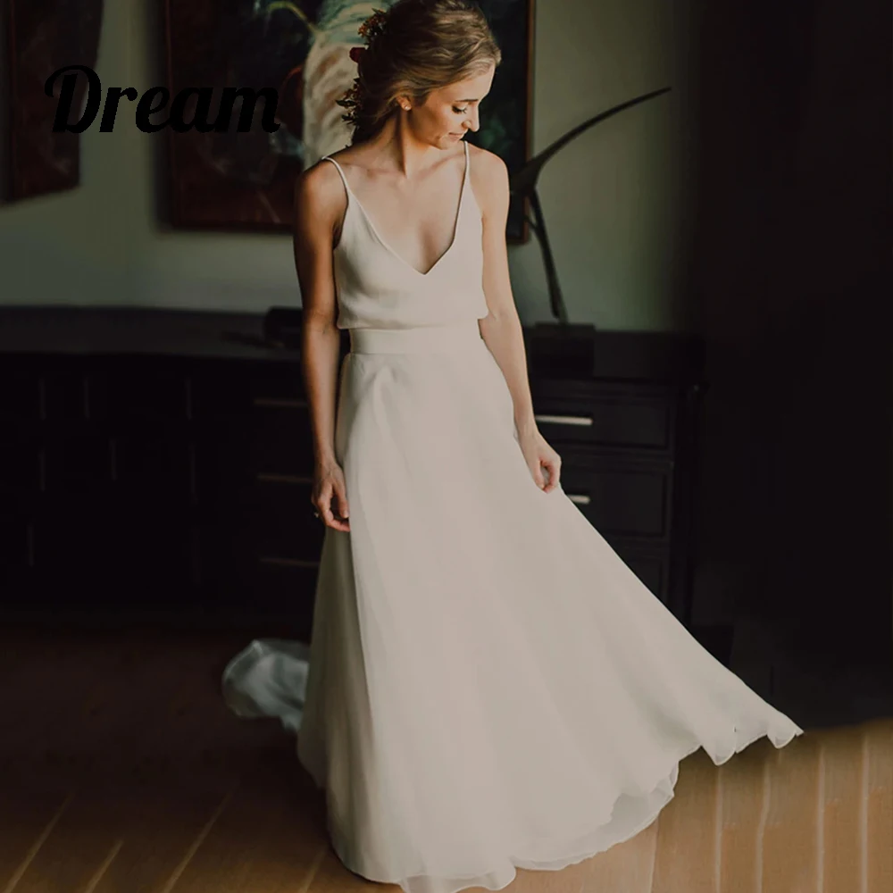 

DREAM Vintage Spaghetti Straps A Line Wedding Dresses Outdoor Ranch V Neck Beach Bridal Gowns Backless Robe De Mariee