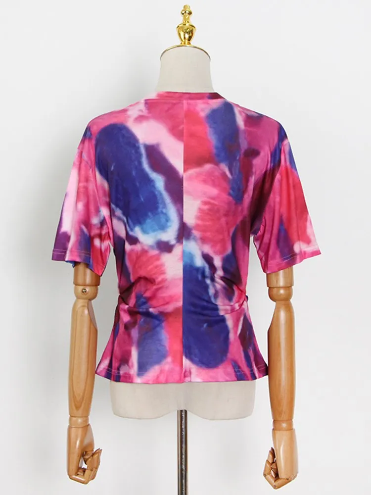 KBQ Colorblock Folds Split Chic T Shirt For Women Round Neck Short Sleeve Slimming Casual Pullover Tops Female Summer Clothes