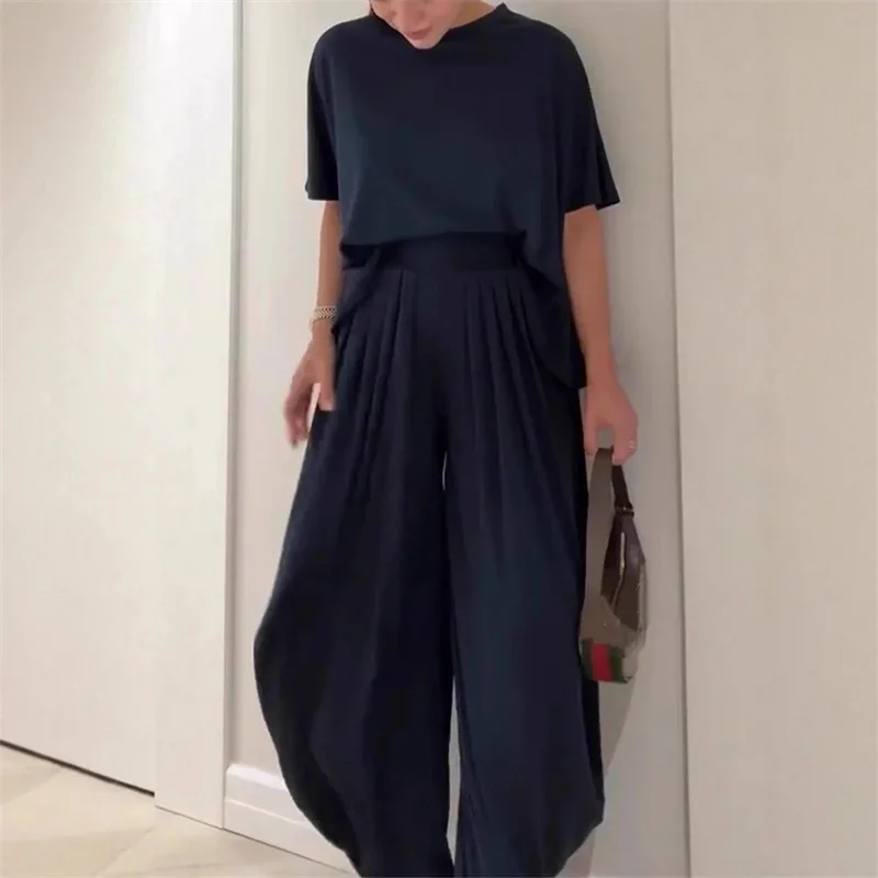 Solid Color Casual Loose Comfortable Crewneck Top With Wide Leg Pants Set For Women Cozy Everyday Home Office Travel Outfit Gift