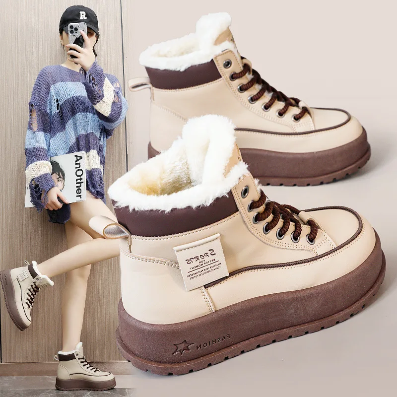 

2025 New Autumn/Winter Plush Women's Middle Top Color blocked Warm High Cotton Shoes Casual Snow Boots