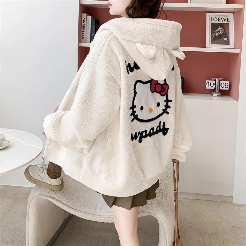 Hello Kitty 2024 New Plush Jacket Women Kawaii Winter Loose Long Sleeve Cardigan Coat Girls Casual Soft Warm Thick Hoodies Gifts