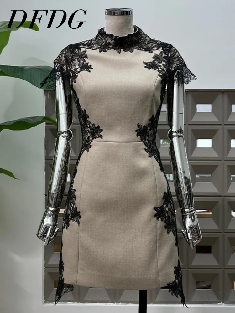 

DFDG Women’s 2025 Designer Evening Lace Dress Spring Summer Embroidery Applique Stand Collar Tie Waist Elegant Party Gala Dress