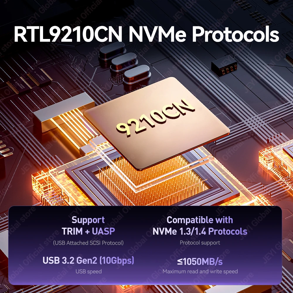 JEYI Gyro-Sensor-Schreibschutz M.2 NVMe-Gehäuse, 10 Gbit/s USB-C-SSD-Gehäuse und RTL9210CN-Chip unterstützt 2230/42/80 SSD UASP TRIM