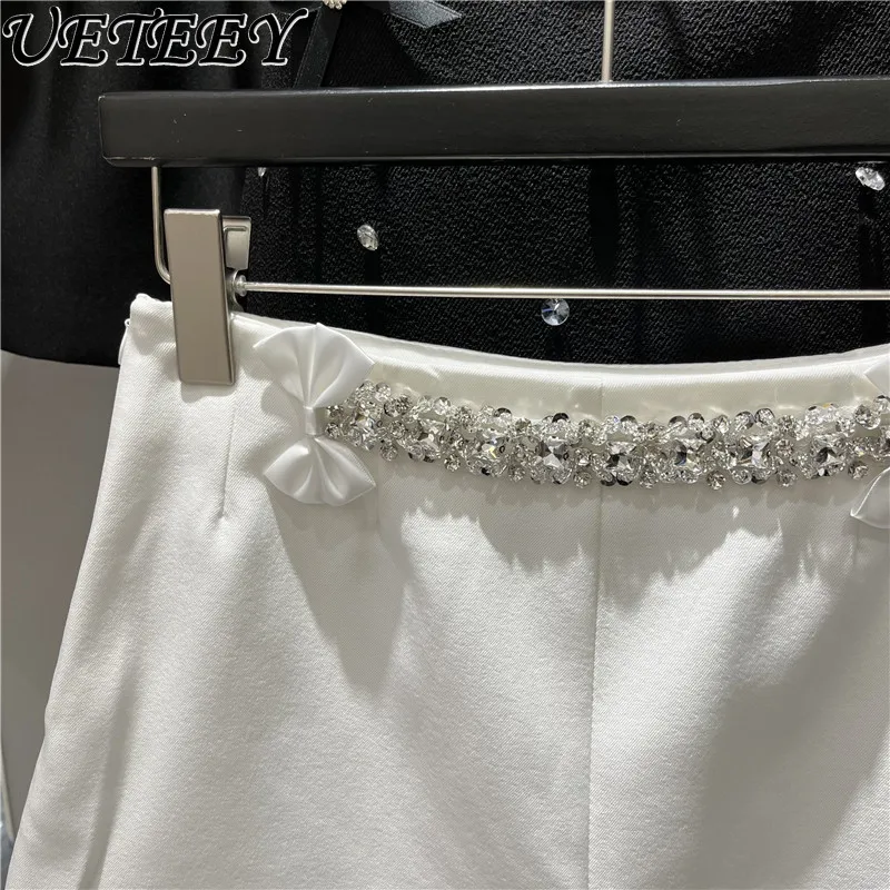 Heavy Industry Bead Diamond Bow Wide Leg Shorts High Waist Skinny Temperament Versatile Hip Lift Legs Long Casual Hot Pants
