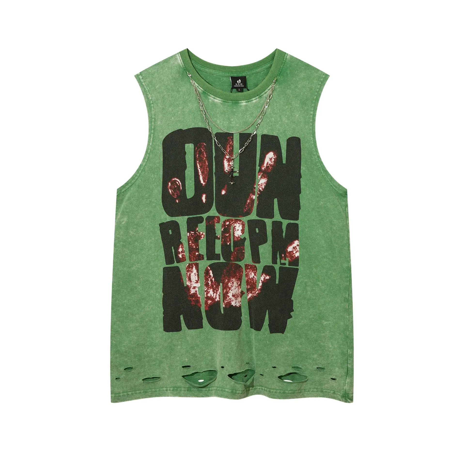 

Summer Hip Hop Vests with Chain European and American Streetwear Vest Men's Washed Ripped Necklace Sleeveless Tshirts Tops