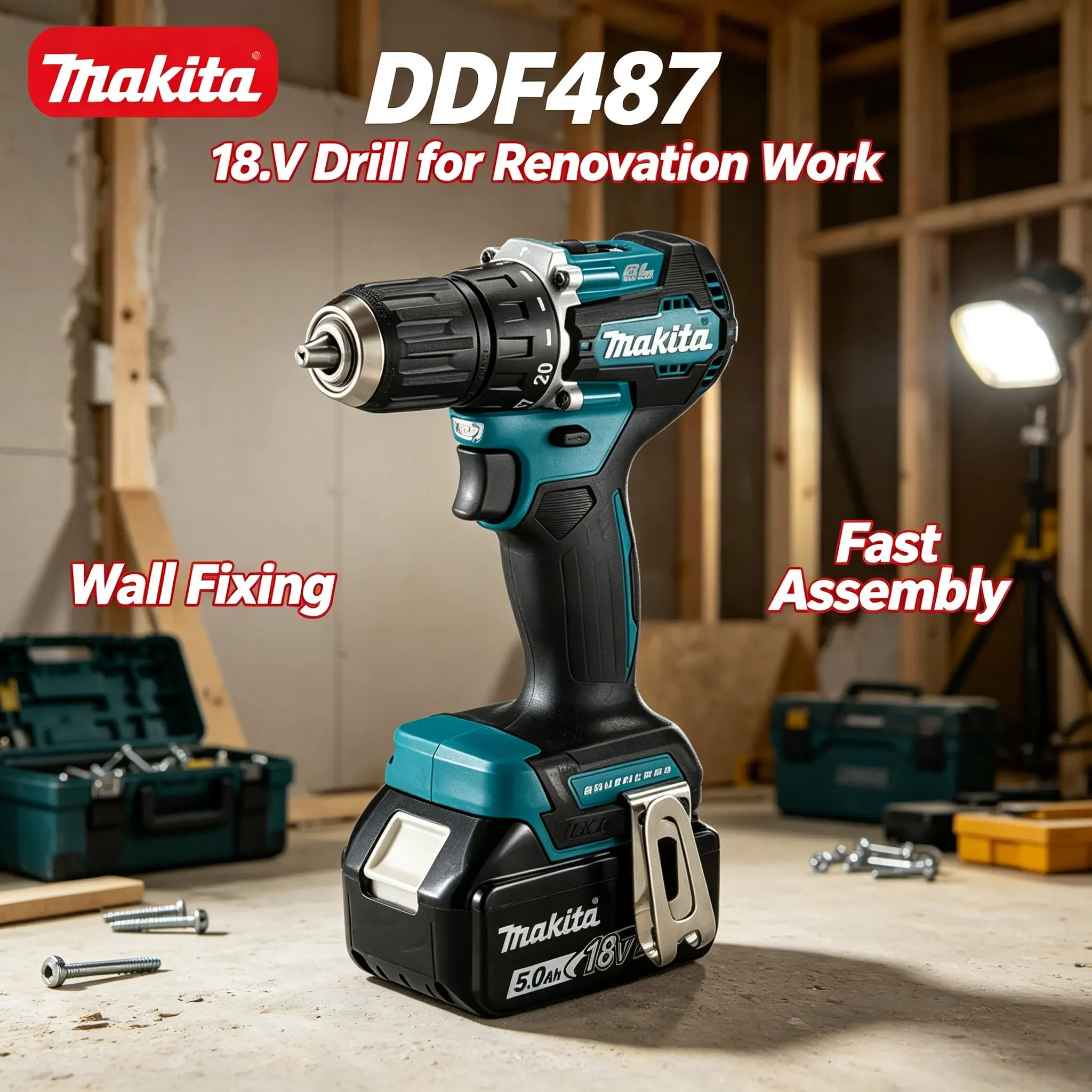Trapano Compatto Senza Spazzole DDF487 Makita 18V, Coppia 40Nm, 1700RPM, Mandrino 13mm, XPT, Doppio LED, Batteria Venduta Separatamente