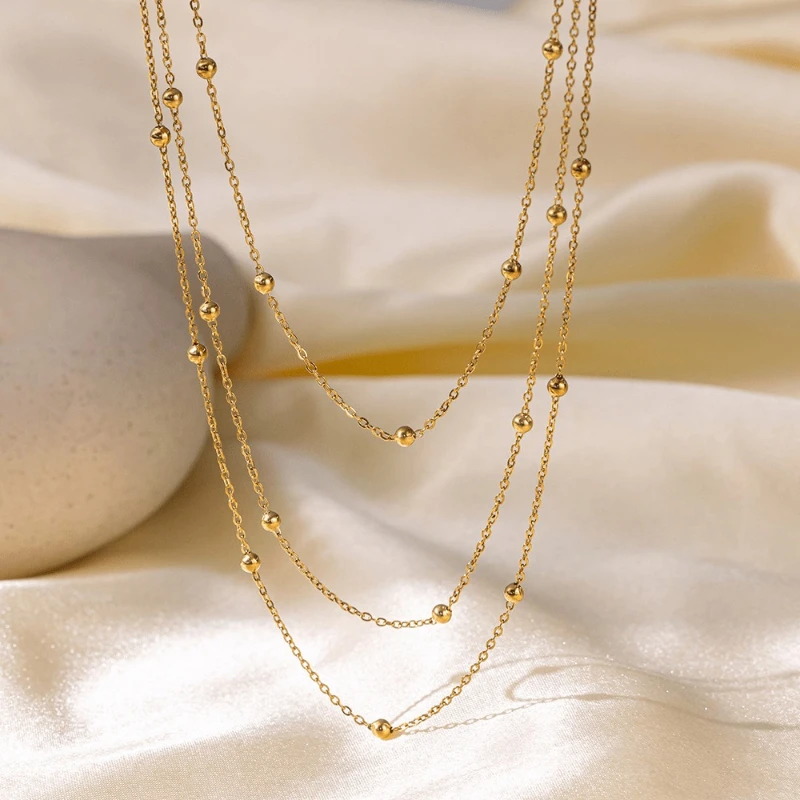 Three Layer Spaced Ball Bead Thin Chain Collarbone Necklace 316 Stainless Steel Gold Light Luxury Multi-Layer Versatile Jewelry
