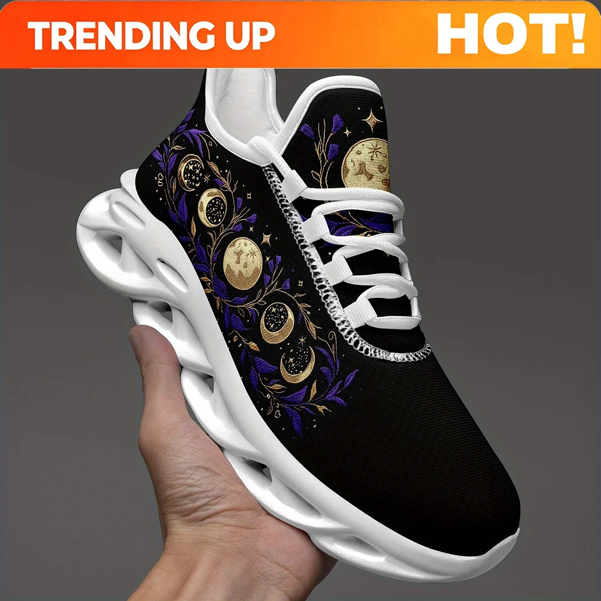 Custom Celestial Moon & Floral Print Mesh Sneakers, Breathable Lace-up Blade Sole Running Shoes, Non-slip Boho Witchy Footwear