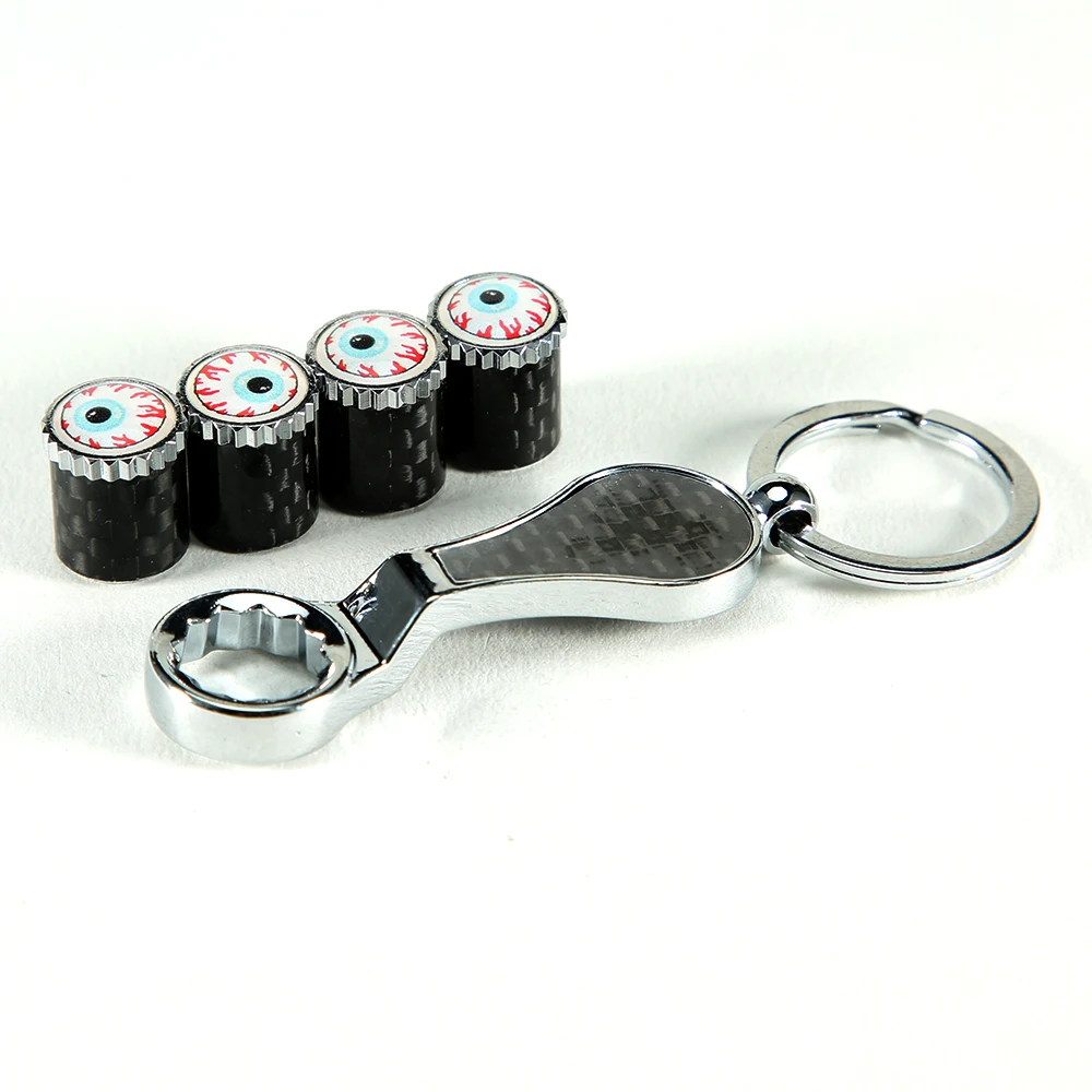 4Pcs Fashion Eyeball Pattern Auto Car Wheel Tire Valve Stem Caps Air Cover + 1Pcs Carbon Fiber Wrench KeyChain Car Accessories