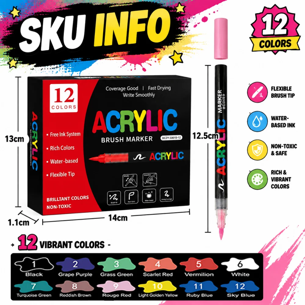 12/24/36/48/60 Farben Acrylfarbe Stifte Marker Pinselspitze Farbmarker für Stein Holz Stein Keramik Ballon Glas Geschenk DIY Handwerk – Detail 8