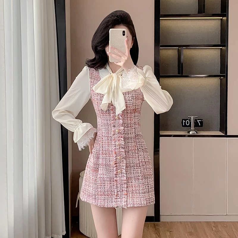 New French Sweet Spring Pink Tweed Tassel Patchwork Chiffon Mini Dress Fashion Women Bowknot Collar Flare Sleeve Short Clothes