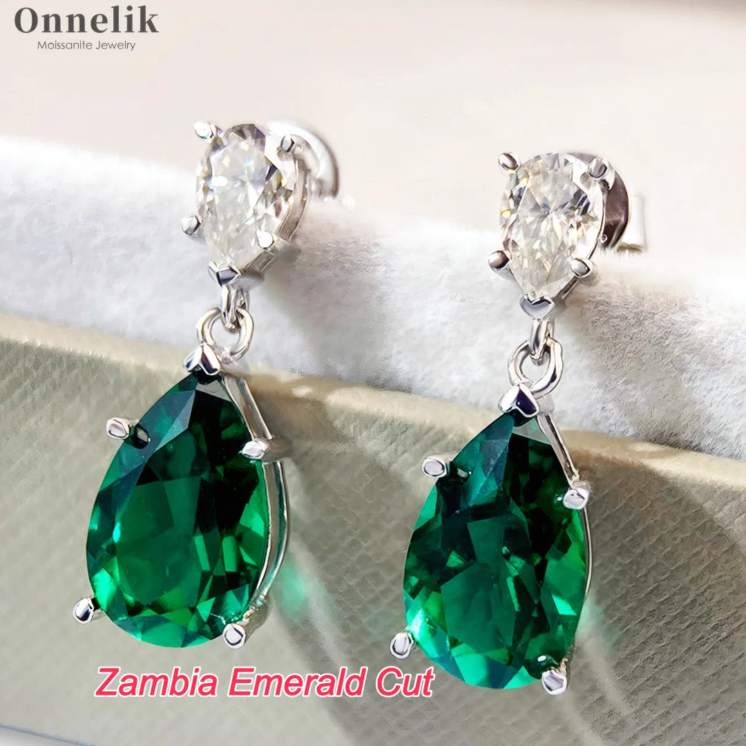 Onnelik 7cttw Moissanite Water Drop Earrings Lab Grown Columbia Emerald Earrings 925 Silver Papalacha Earrings for Women Jewelry