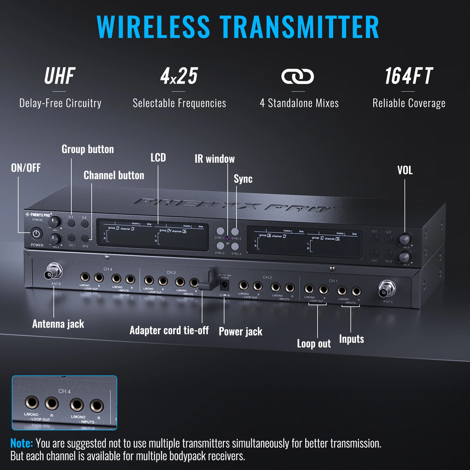 Do Brasil PTM-33 Stage Return Quad-Channel Mono Wireless IEM System Metal w/4 Plastic Bodypacks UHF Rack Mount for Amplifier