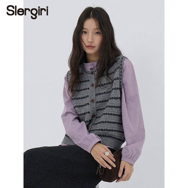 

Slergiri корейский полосатый свитер, жилет, женская мода, новинка 2025 года, осень-зима, повседневный комплект из 2 предметов, вязаный жилет и рубашки с длинными рукавами