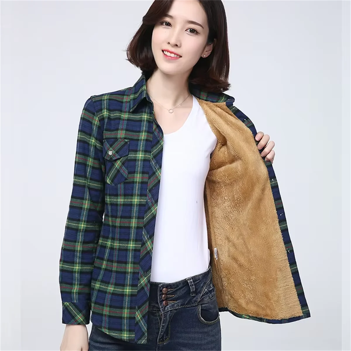 Women Autumn Winter Plaid Shirt Long Sleeve Thick Warm Fleece Shirts Casual Turn Down Collar Coat Fashion New In Female Clothes