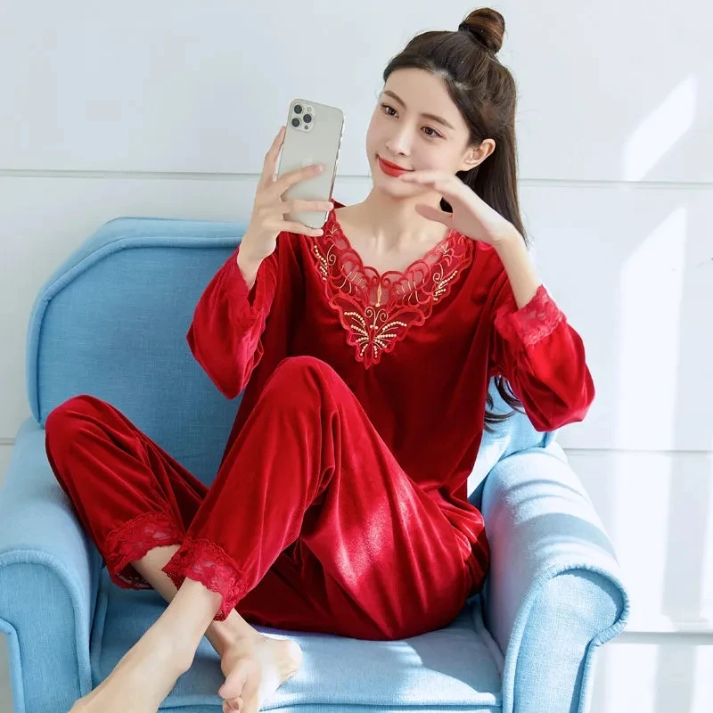 Velvet Lace Patchwork Pajama Sets Womens Spring Long Sleeve Sleepwear Casual Soft Pants Loungewear Suits Loose Nightwears