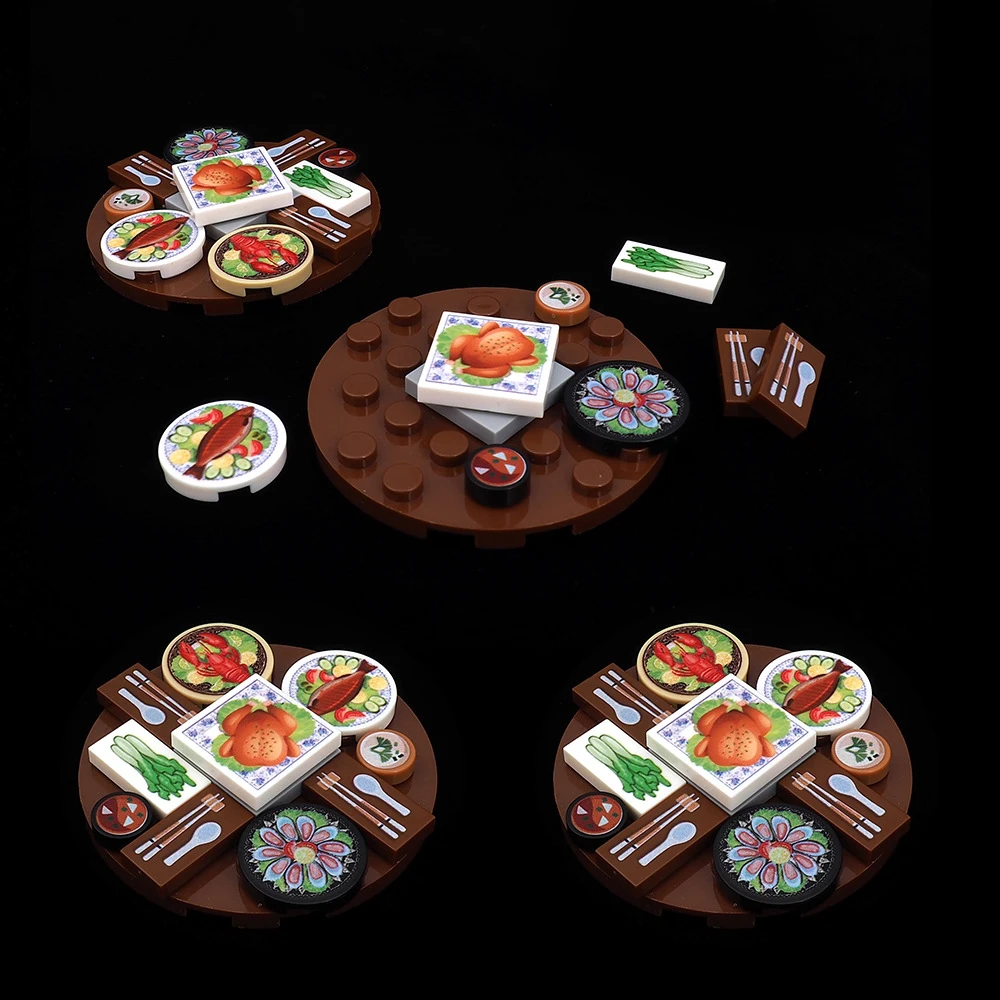 MOC Printed Food Plate Dinner Party Pattern Building Blocks Figures Restaurant Board Bricks Particle DIY Toys Children Kid Gifts