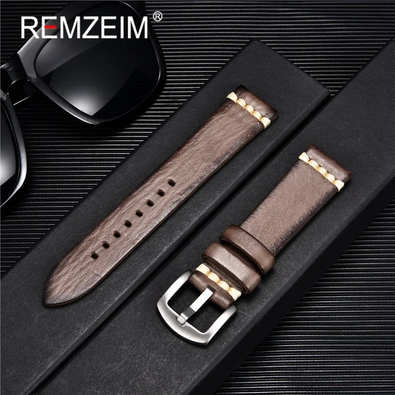 REMZEIM 6 Colors Vintage Tanned Leather Watchband Men Women 18mm 20mm 22mm 24mm Strap Luxury Brand Watch Band Accessories