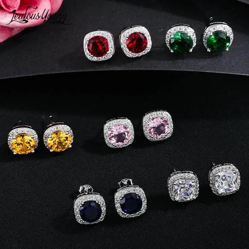 Round Square Zircon Stud Earrings For Women CZ Wedding Romantic Jewelry Engagement Earings Brincos