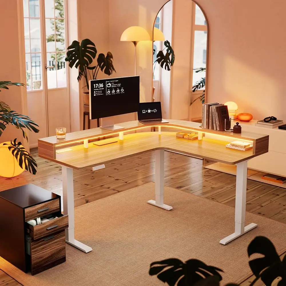 

LED-lit 63x55 L-Shaped Electric Desk, 2-Tier Adjustable Height, Power Outlets, Ergonomic Walnut Finish