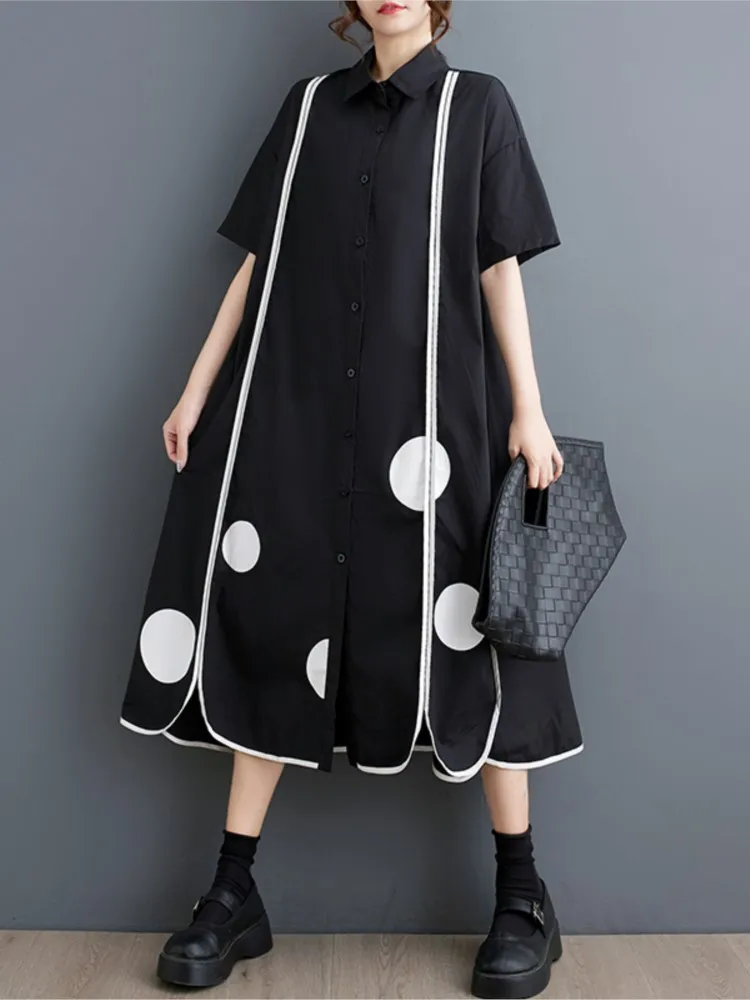 Oversized Summer Midi Shirt Dress Women Irregular Polka Dot Print Fashion Ladies Dresses Casual Loose Ruffle Pleated Woman Dress