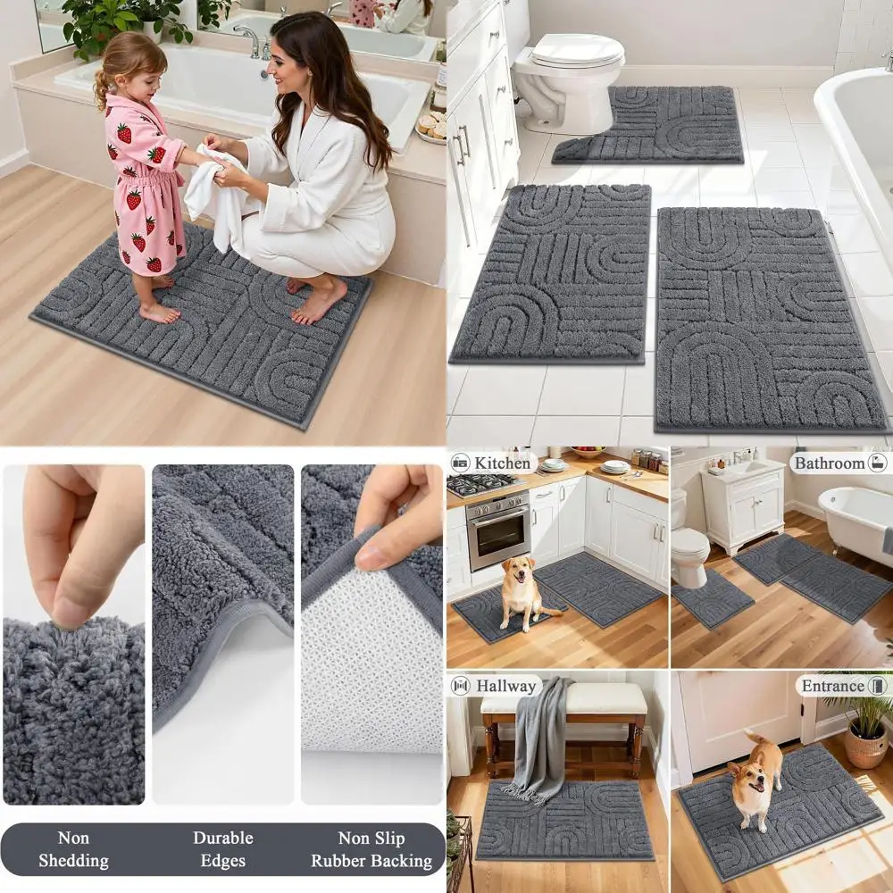 

3-Piece Non-Slip Washable Bath Mat Set with U-Shape Toilet Rug, Absorbent Microfiber Mats for Shower/Tub (Grey, 18x26 + 20x32 +