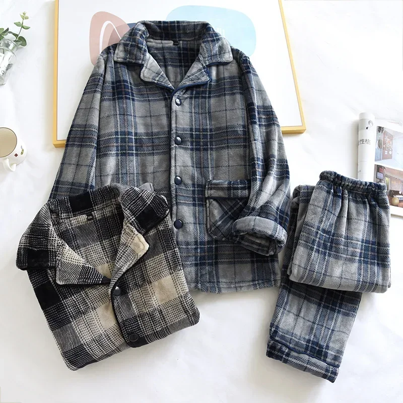 Autumn And Winter New Men\'s Pajamas Long-sleeved Trousers Two-piece Flannel Thickened Warm Home Service Set Plaid Large Size Men