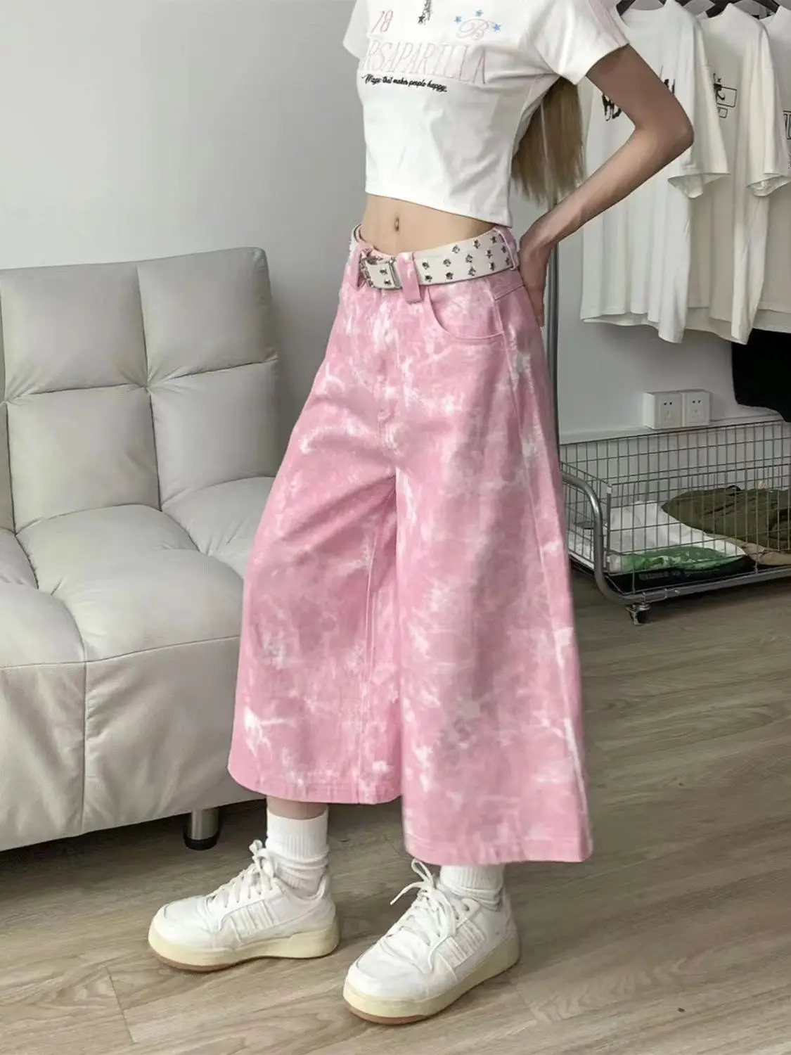 Jeans Pink Tie-Dye Low-Waisted American High Street Wide-Leg Women'S Summer Design Loose Slimming Seven Points Pants