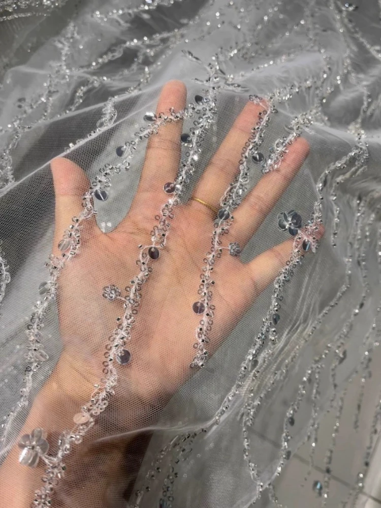 

Embroidered Beaded Sequined Lace Fabric for Wedding Dress Skirt Set Mesh Perspective Cloth Diy By The Meter Sewing Material