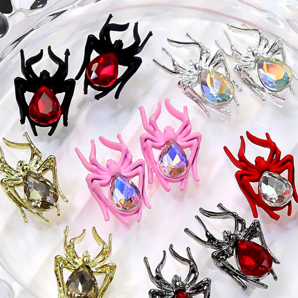 10Pcs Spider Nail Charms with Crystals Luxury Halloween Nail Art Decoration Charms Gold Black Pink Spider Mnicure Parts Decor