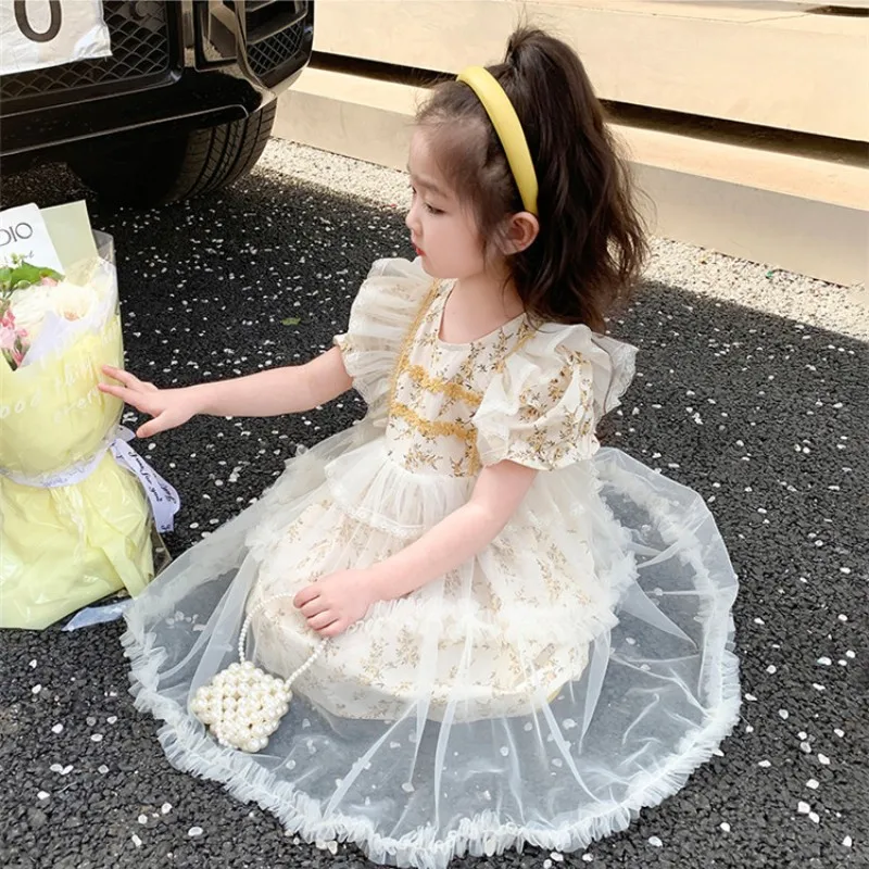 Girl Dress Kids Baby Party Birthday Evening Gown 2023 Dazzling Spring Autumn Cotton Flower Girl Dress Beach Children Clothing