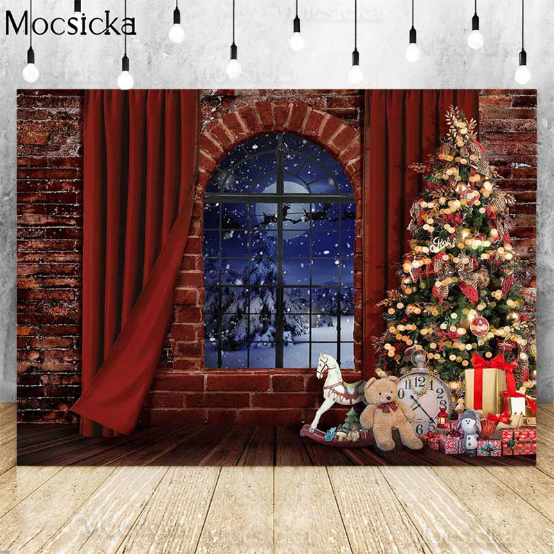 Mocsicka Giáng Sinh Lò Sưởi Phông Nền Chụp Ảnh Màu Đỏ Gạch Tường Mùa Đông Tuyết Cây Giáng Sinh Họ Chân Dung Ảnh Nền