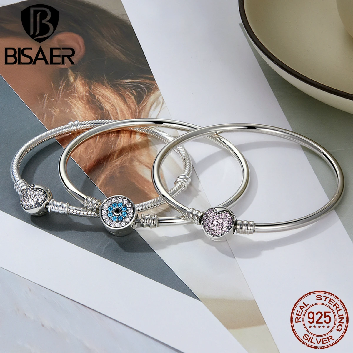 BISAER-pulseras de plata de ley 925 con diseño de ojo de demonio para mujer, brazaletes de ojos malvados azules, ajuste de circón, joyería fina de fiesta, 17-21CM